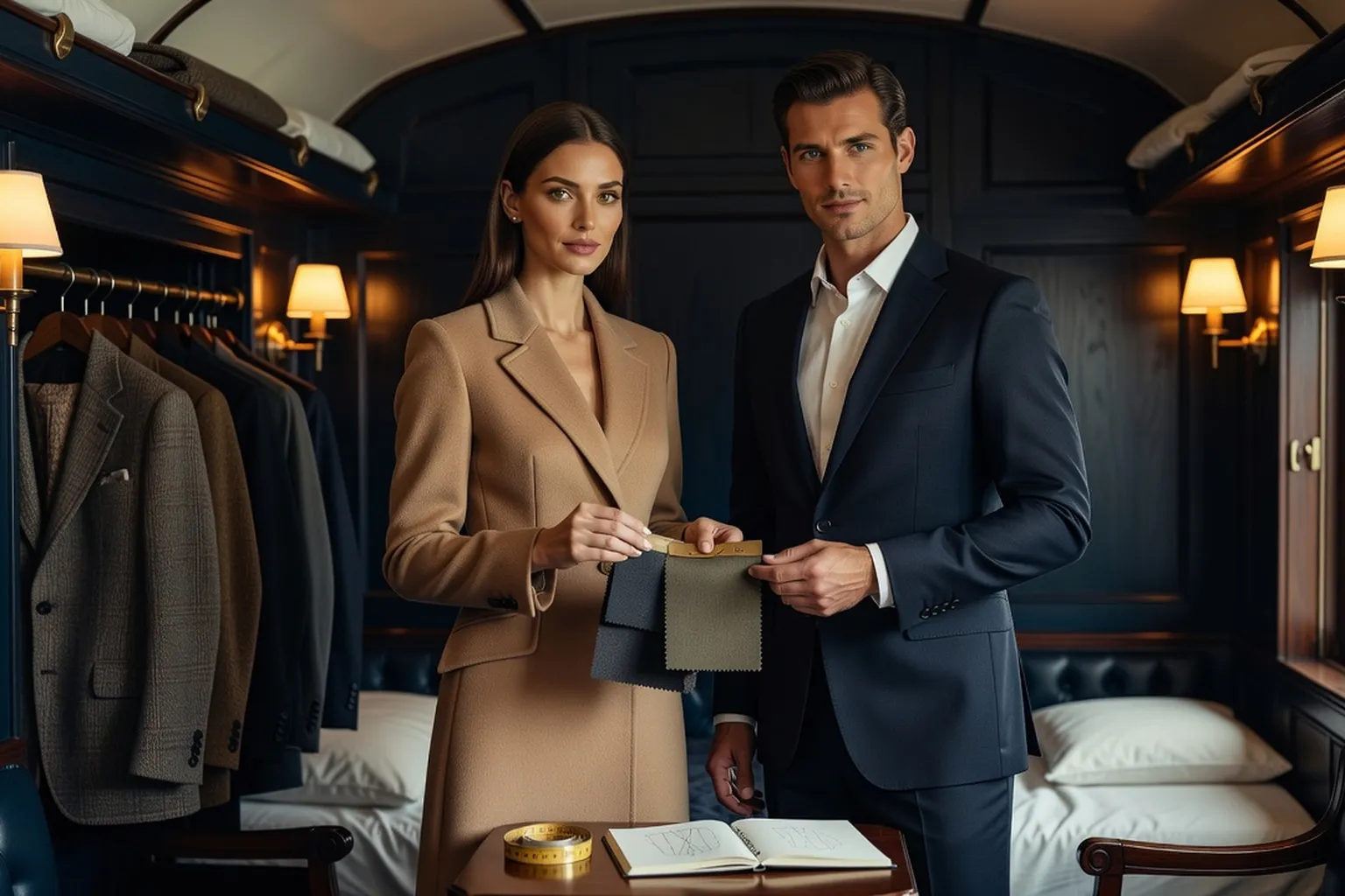 Une femme en manteau camel et un homme en costume bleu marine comparent des échantillons de laine dans un compartiment de wagon-lit aménagé en vestiaire