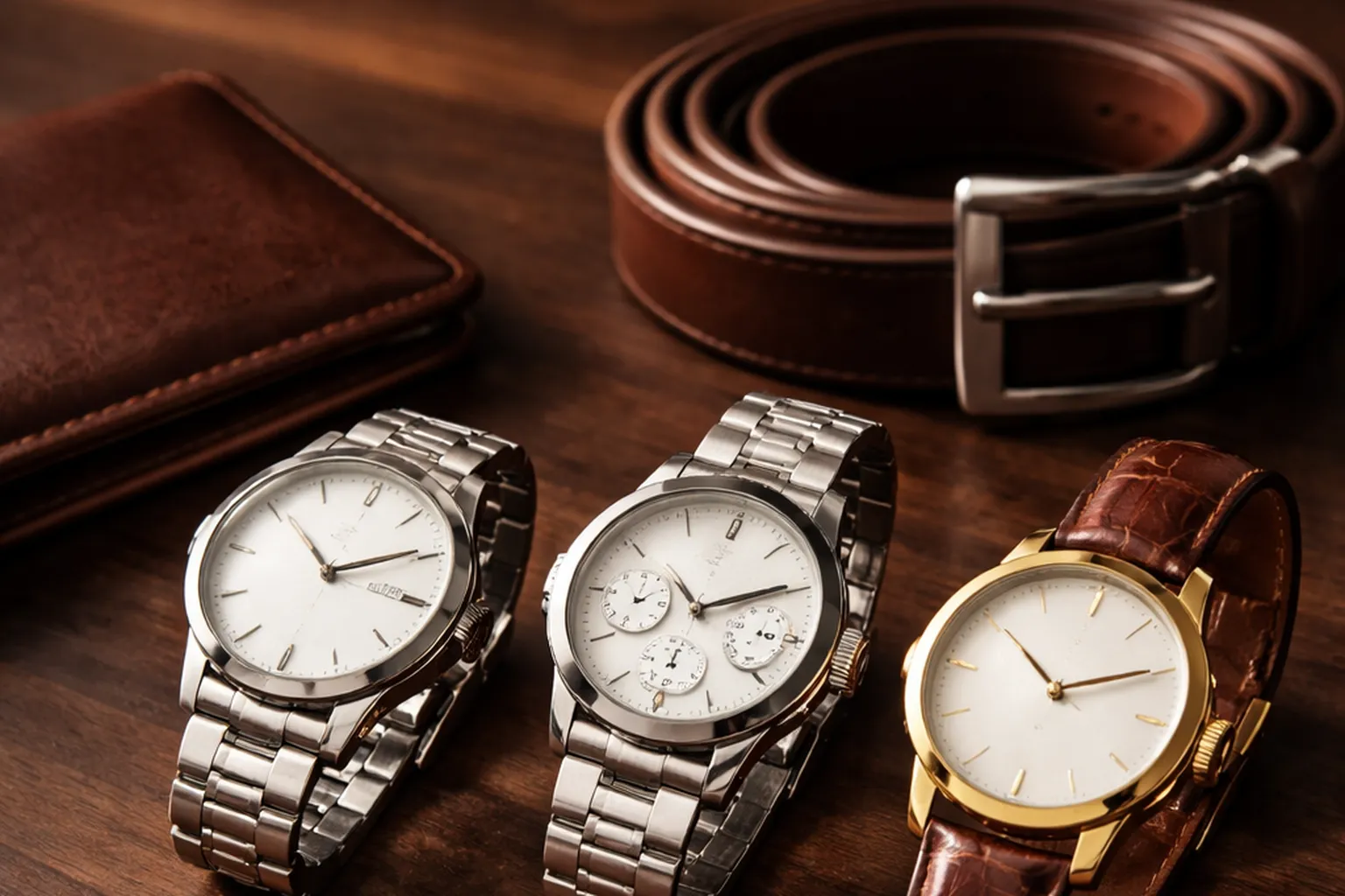 Sur une table en noyer, trois montres-bracelets d'homme à cadran blanc : une montre habillée en acier, un chronographe en acier et une montre dorée à bracelet de cuir marron, avec une ceinture de cuir enroulée et un portefeuille marron