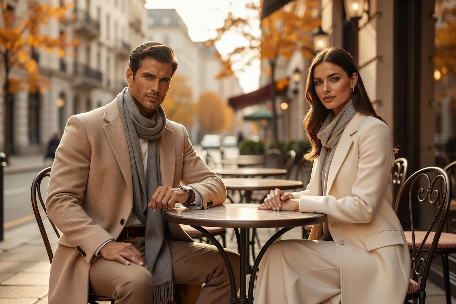Un homme en manteau camel et écharpe grise consulte sa montre, assis à la terrasse d'un café, face à une femme en manteau crème, sous les arbres dorés d'une avenue en automne