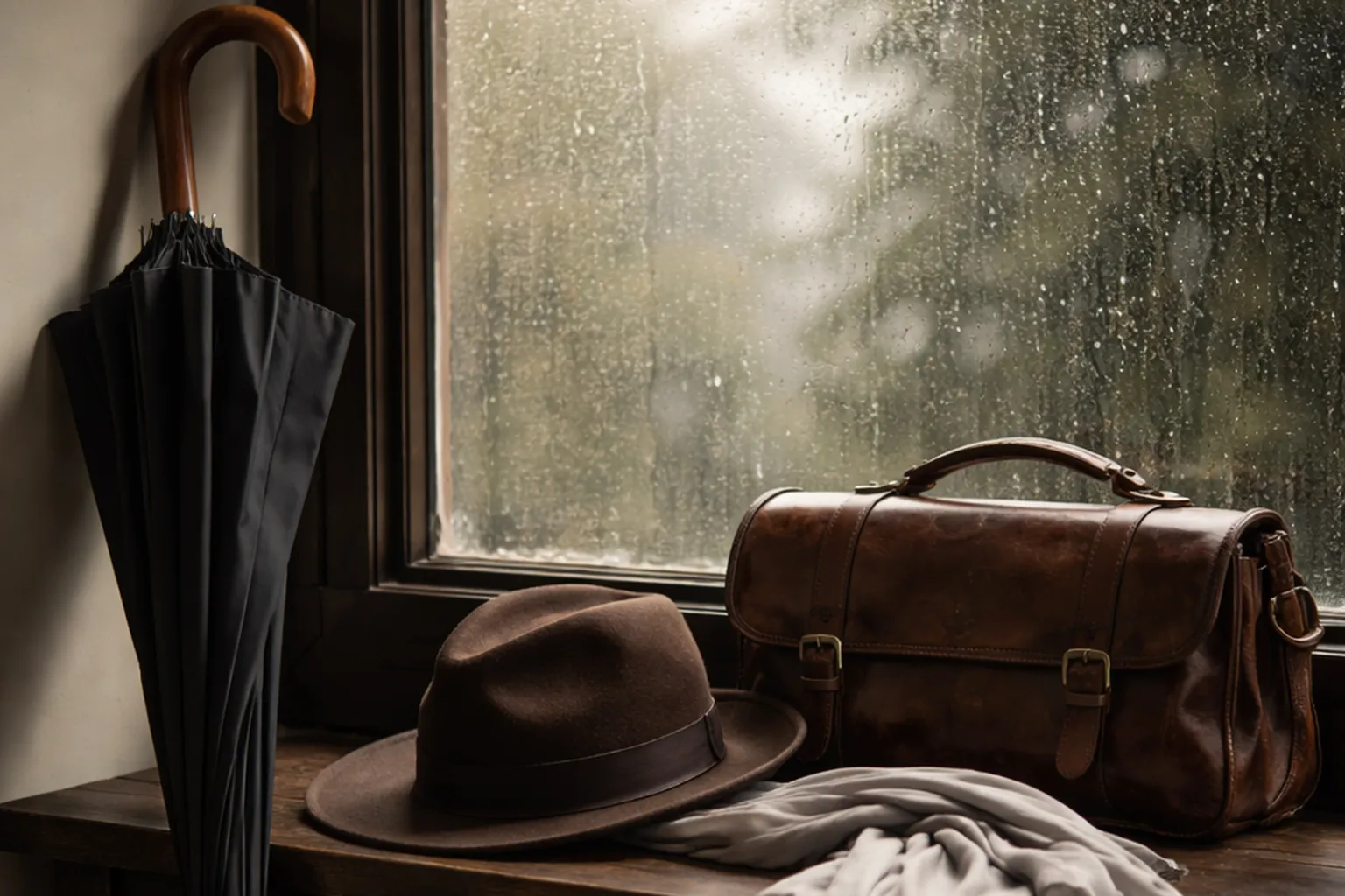 Grand parapluie noir, chapeau en feutre brun, sac en cuir et écharpe fine posés sur un banc en bois, devant une fenêtre ruisselante de pluie