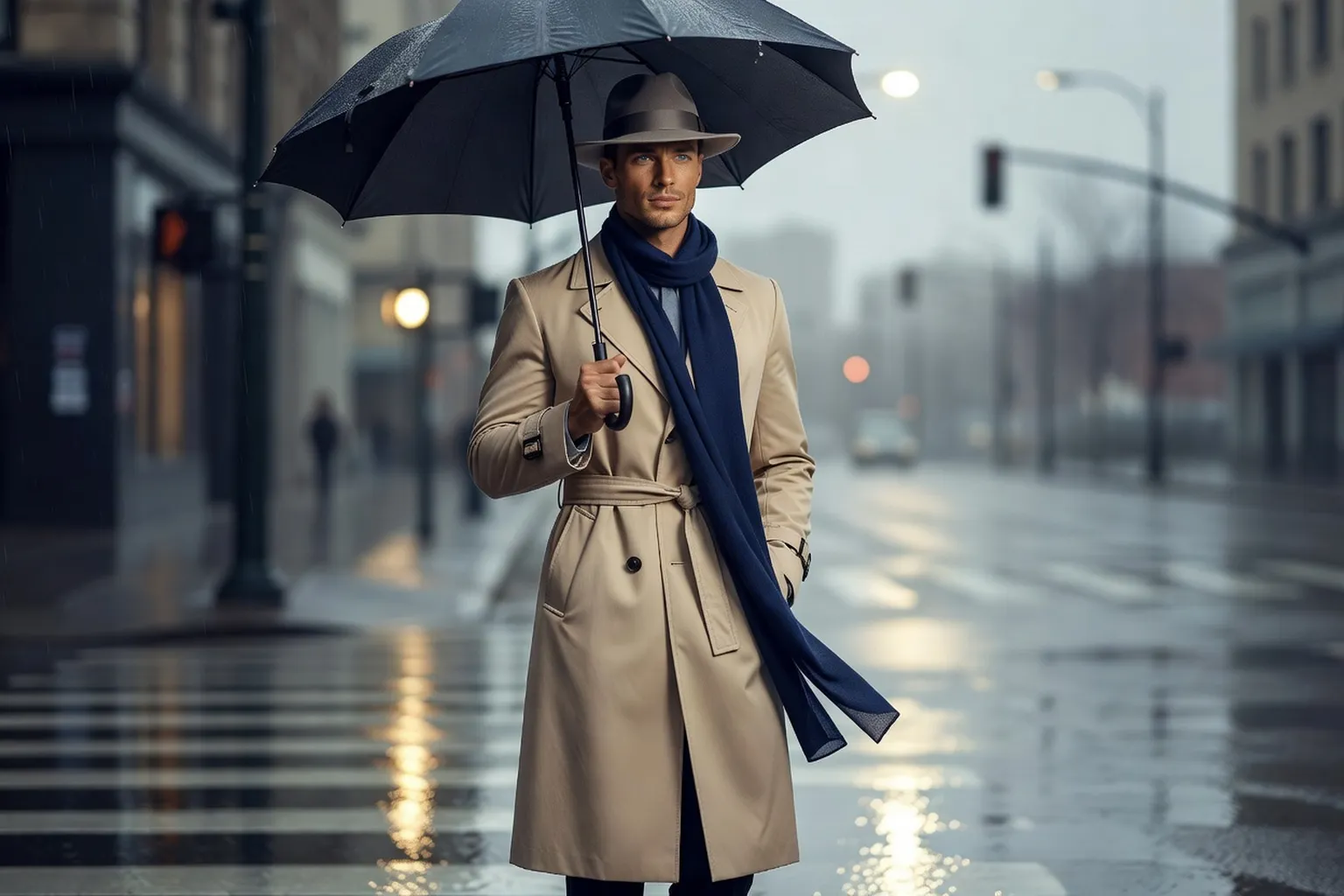 Homme mannequin en trench beige, écharpe marine et chapeau en feutre, tenant un parapluie noir à un passage piéton sous la pluie
