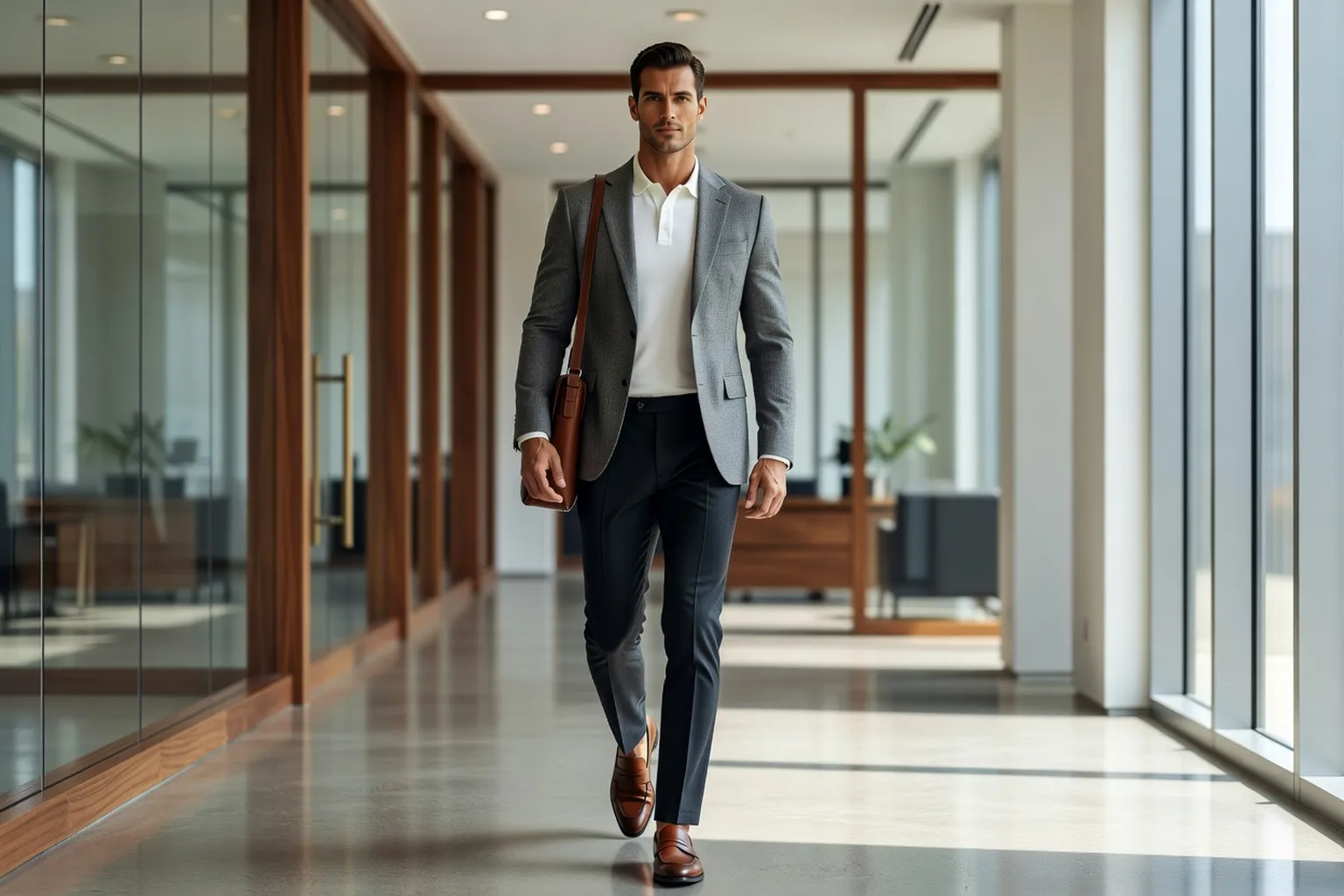 Homme mannequin en blazer gris, polo blanc et pantalon sombre, mocassins bruns, un sac en cuir en bandoulière, marchant dans un couloir de bureau lumineux