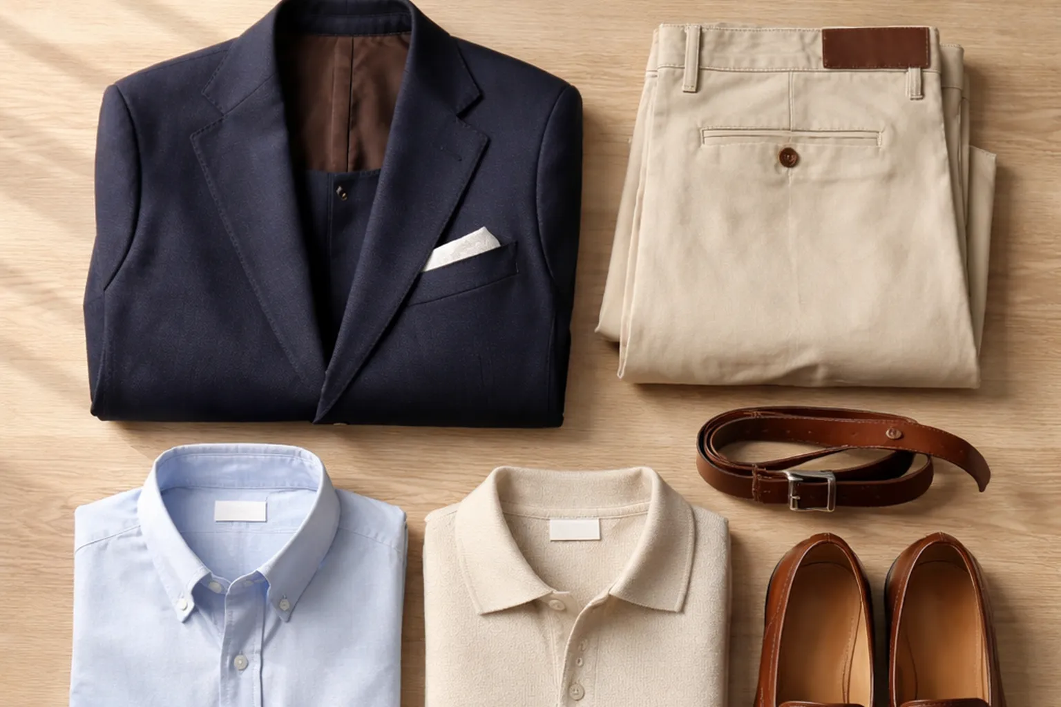 Blazer marine, chino beige, chemise bleu clair, polo, mocassins et ceinture en cuir disposés à plat sur une table en chêne clair