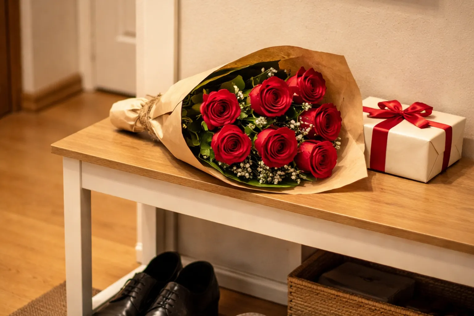 Sur un banc d'entrée en bois, un bouquet de roses rouges emballé dans du papier kraft et un coffret cadeau à ruban rouge, des chaussures de ville noires rangées dessous