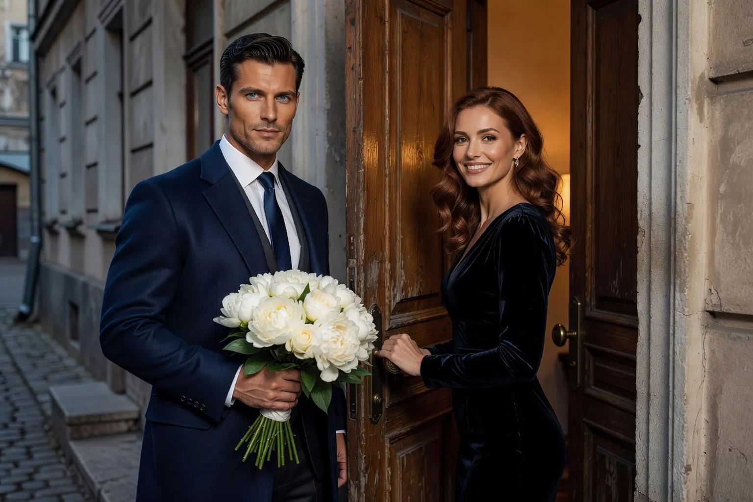 Un homme en manteau marine, costume et cravate tenant un bouquet de fleurs blanches devant une porte en bois, une femme en robe de velours sombre lui ouvrant