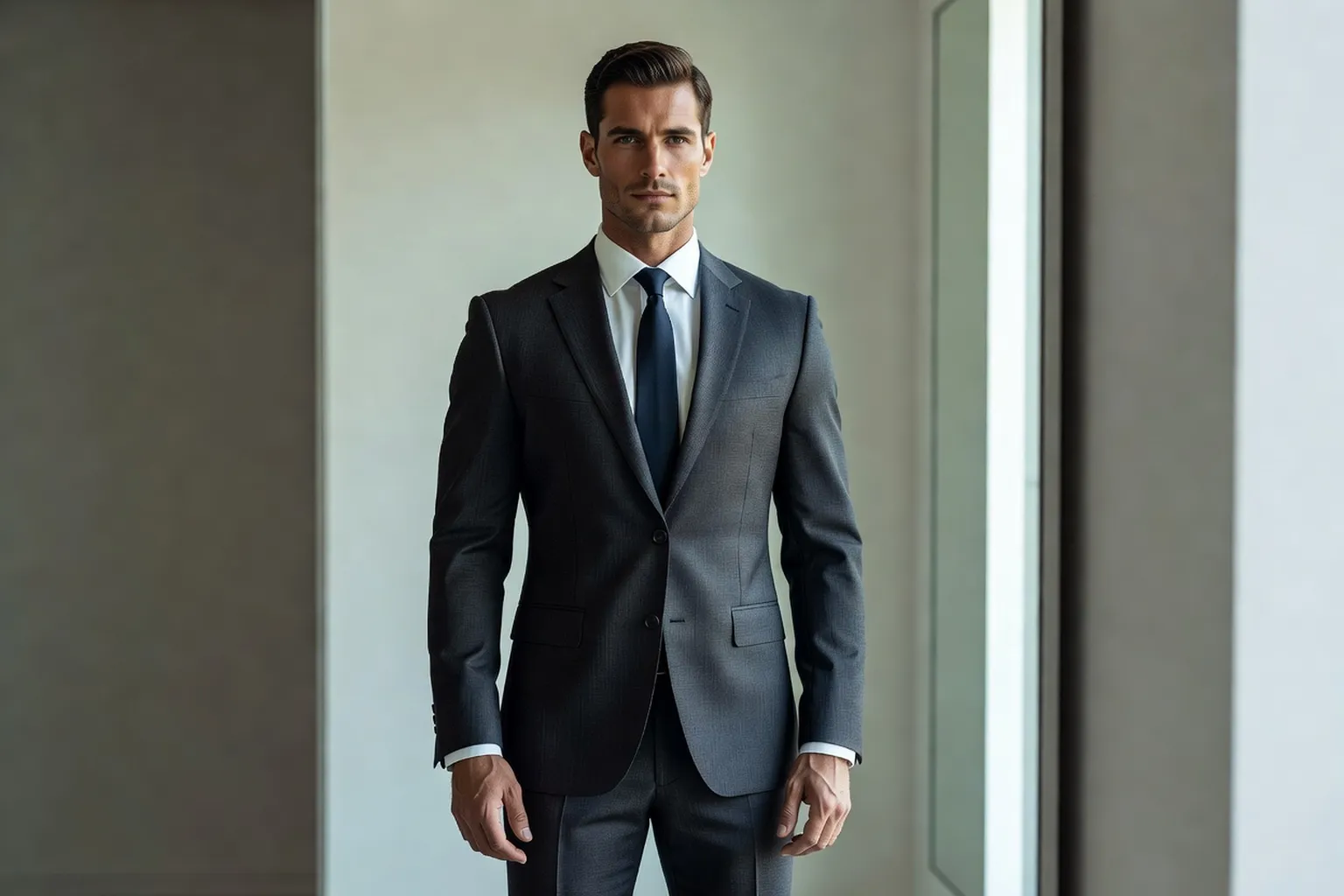 Un homme en costume gris anthracite et chemise blanche, les bras le long du corps, devant un miroir d'essayage