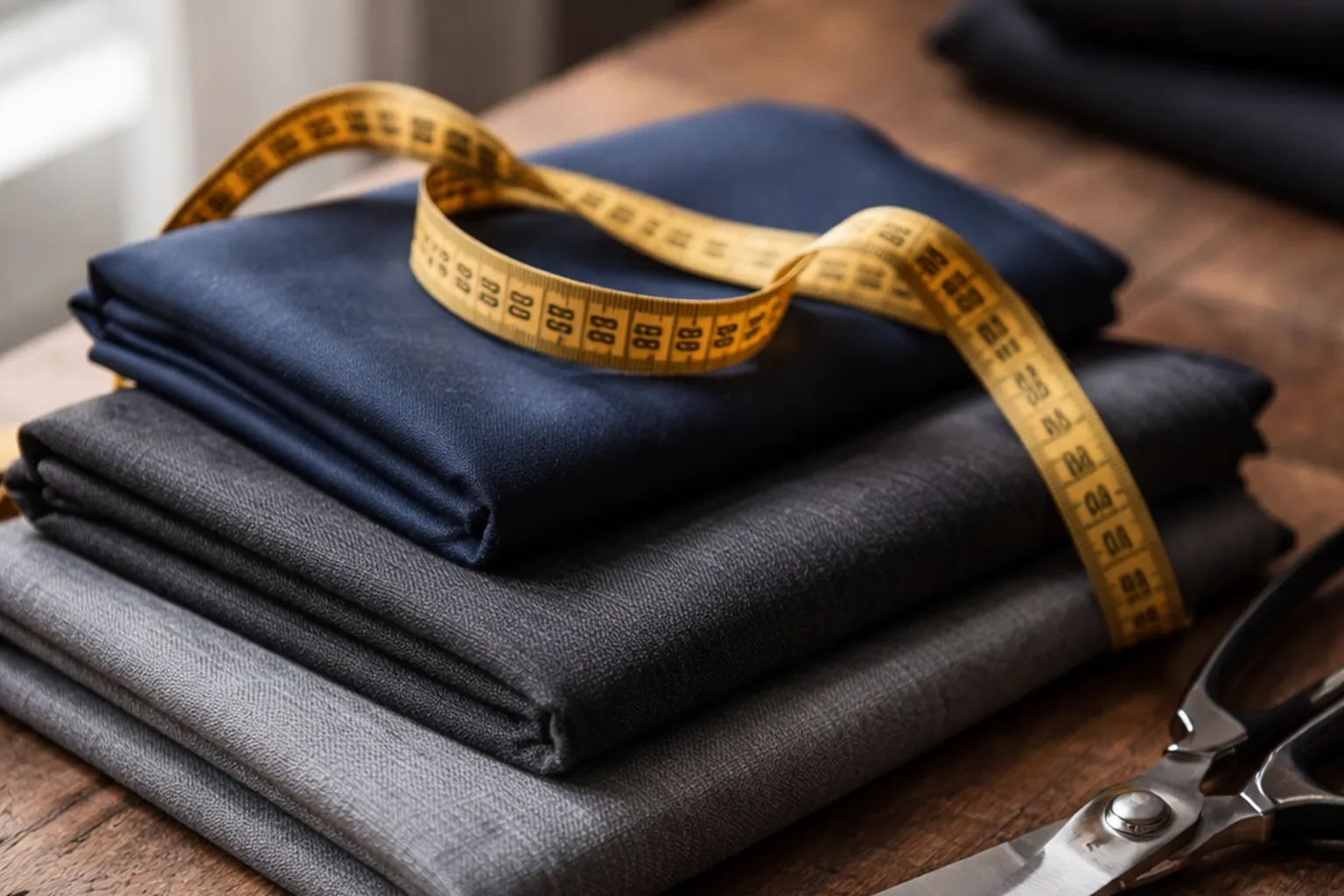 Coupons de tissu de laine, mètre de tailleur et craie de couturier posés sur une table en bois