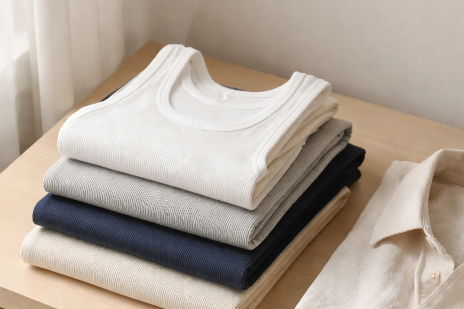 Quatre débardeurs en coton côtelé pliés et empilés (blanc, gris, marine, écru) à côté d'une chemise de lin pliée, sur une étagère en bois clair