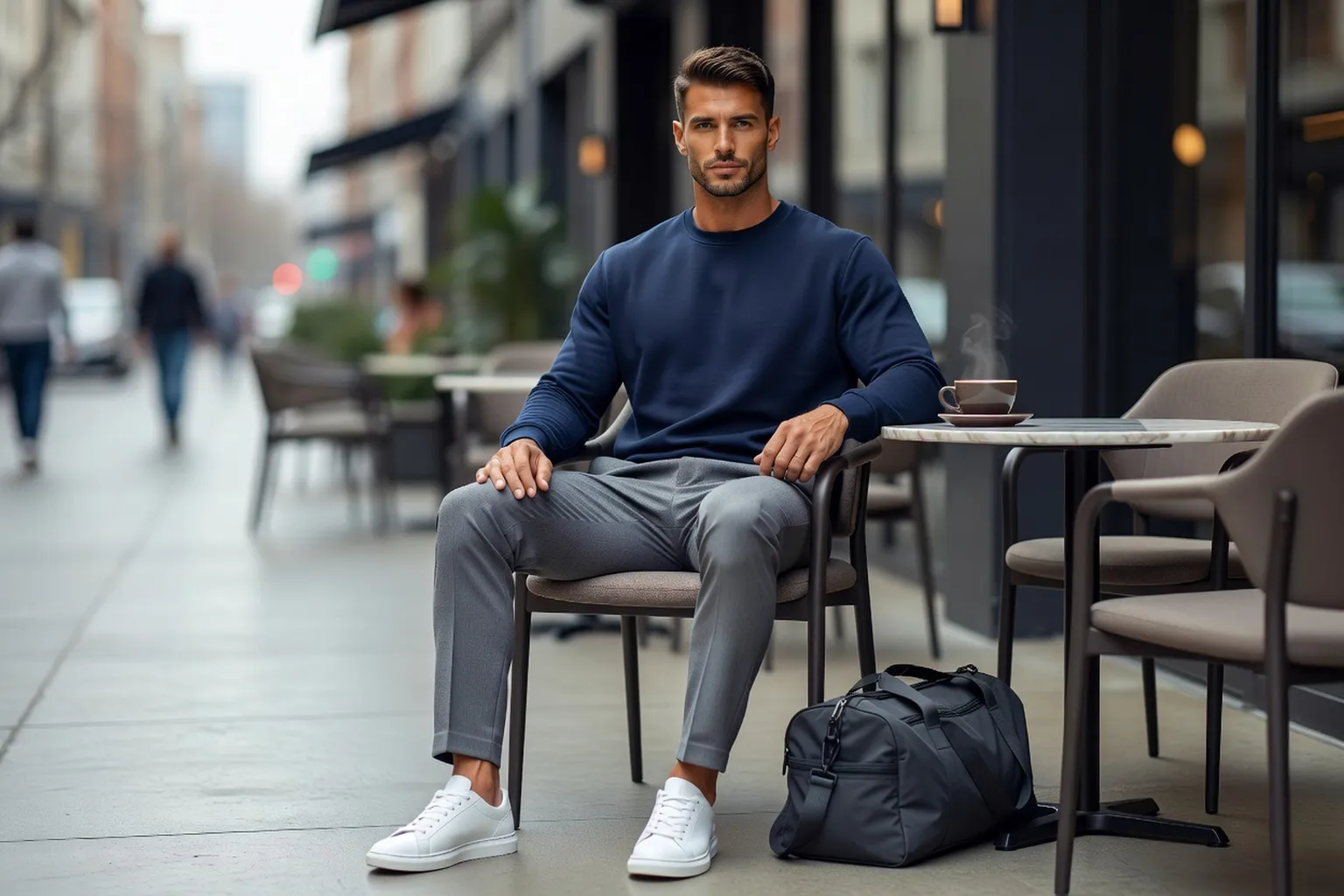 Homme mannequin en sweat marine, jogging gris ajusté et baskets blanches propres, assis à une terrasse de café avec un sac de sport posé près de sa chaise