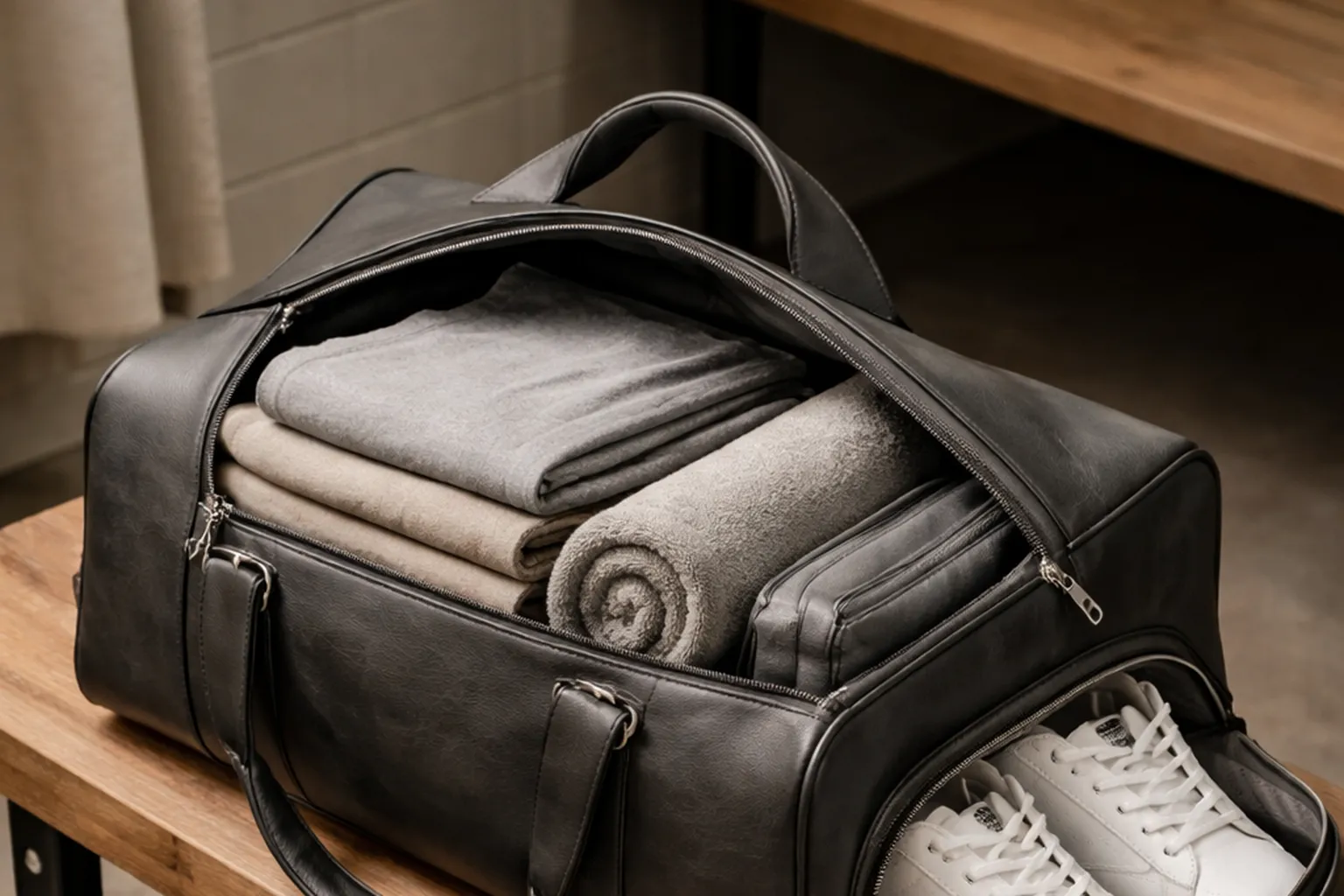 Sac de sport en cuir noir entrouvert, laissant voir des vêtements de rechange pliés, une serviette roulée et des baskets blanches dans un compartiment séparé, sur un banc de vestiaire