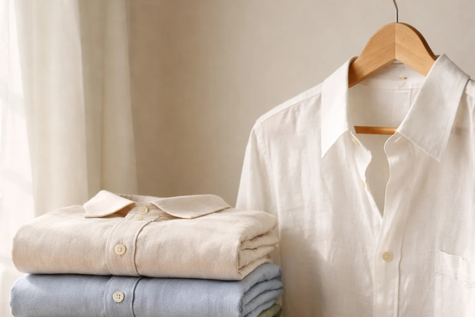 Chemises en lin écrue, bleu ciel et vert sauge pliées, et chemise blanche en lin sur un cintre en bois devant un rideau clair
