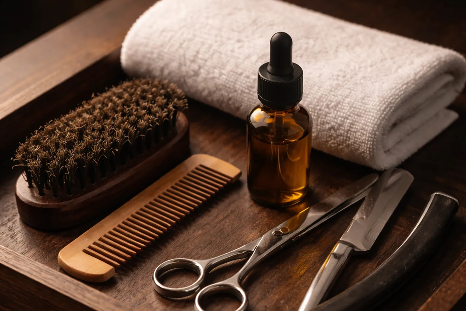 Plateau en bois avec brosse à barbe, peigne en bois, flacon d'huile, ciseaux de barbier, rasoir droit et serviette blanche