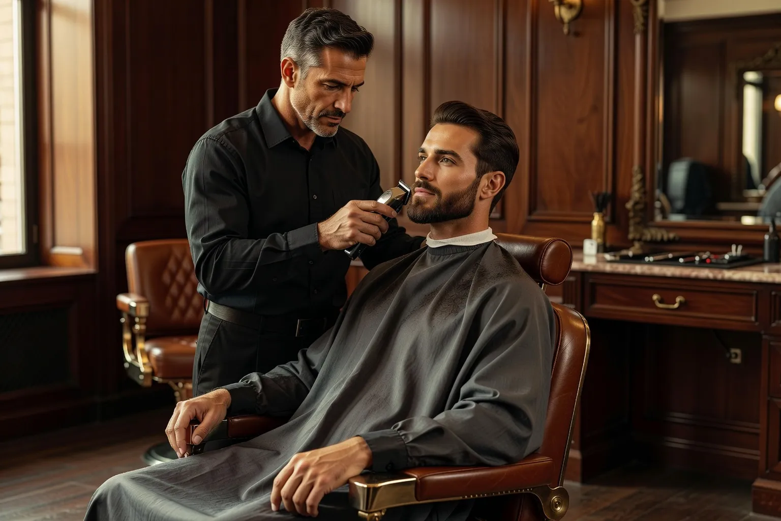 Un barbier taille à la tondeuse la barbe d'un client installé dans un fauteuil de salon de barbier en bois sombre