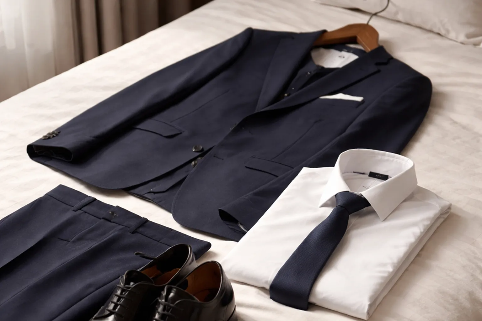 Costume bleu marine sur cintre, chemise blanche, cravate unie, richelieus noirs et ceinture préparés sur un lit la veille d'un entretien