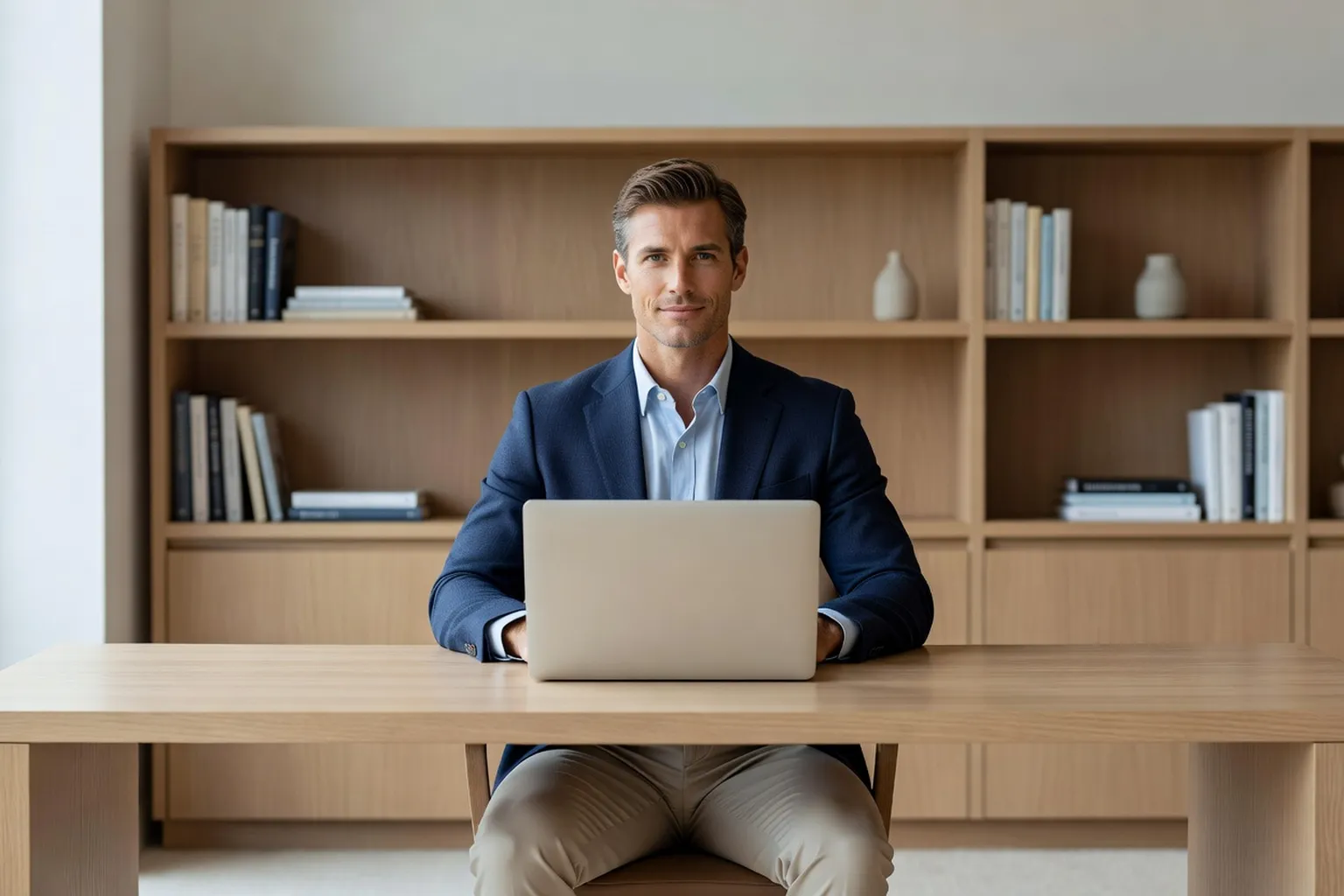 Homme mannequin en blazer marine et chemise bleu clair devant un ordinateur portable pendant un entretien en visioconférence, fond de bibliothèque rangé