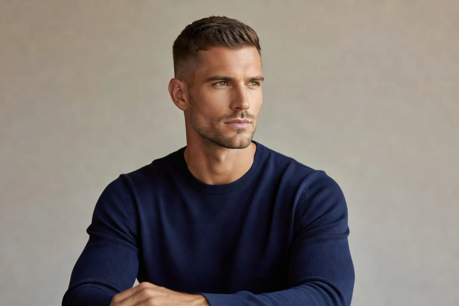 Portrait d'un homme mannequin de trois quarts, coupe courte de type crop aux côtés dégradés et dessus texturé, pull marine sur fond neutre