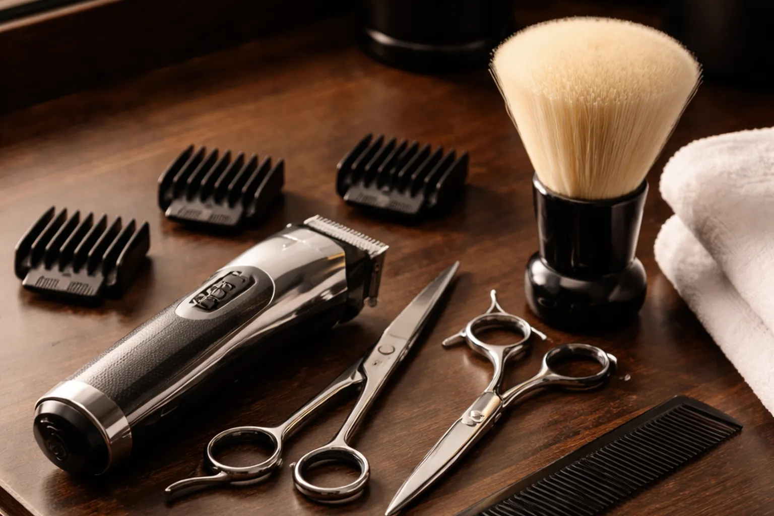 Outils de coiffeur sur un plan de travail en bois sombre : tondeuse avec sabots, ciseaux, peigne noir, brosse de cou et serviette blanche