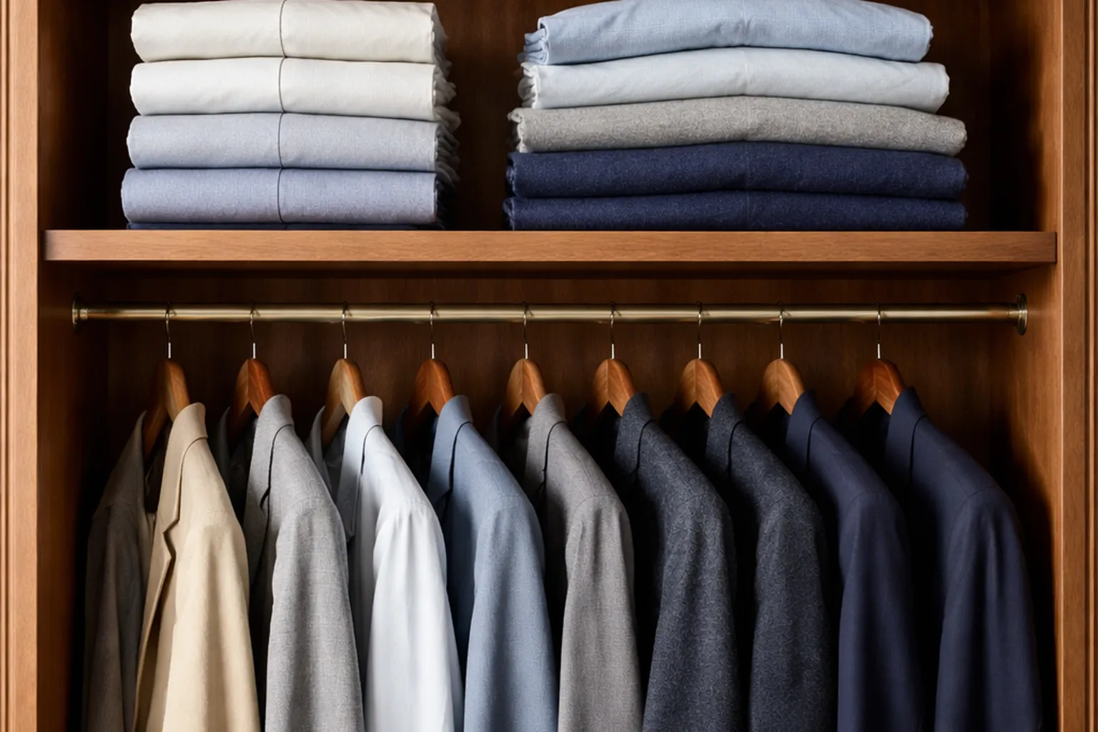 Étagères en bois d'un dressing : chemises et pulls pliés blancs, bleus, gris et marine, vestes et chemises sur cintres en bois