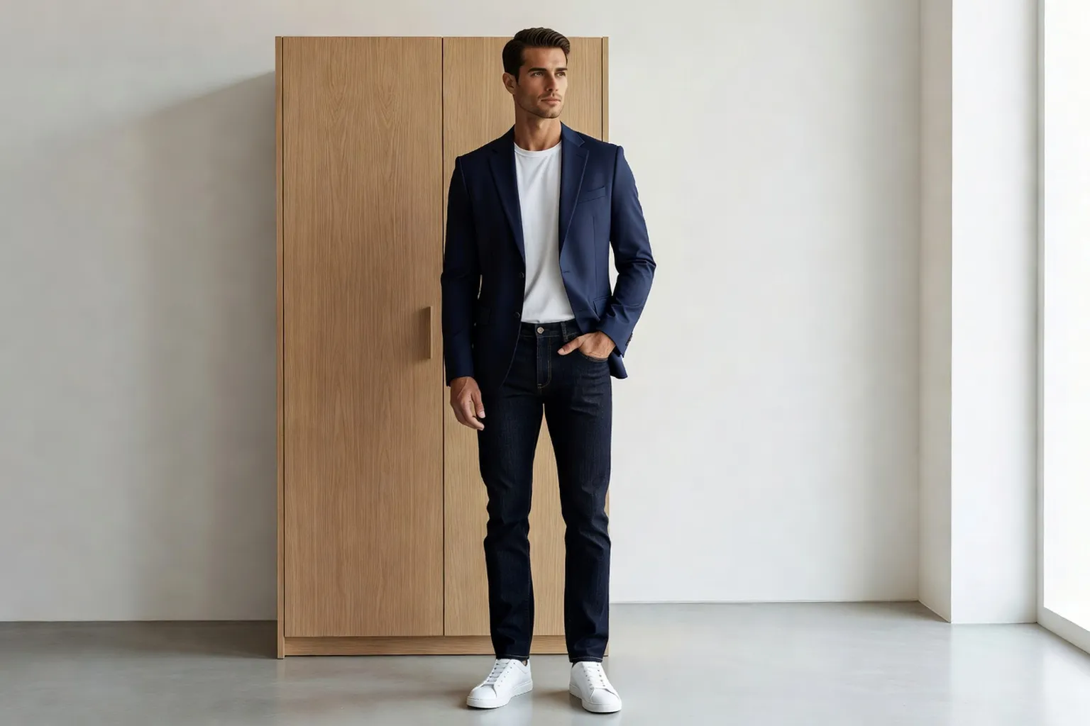 Homme mannequin en blazer marine, tee-shirt blanc, jean sombre et baskets blanches en cuir dans un appartement lumineux