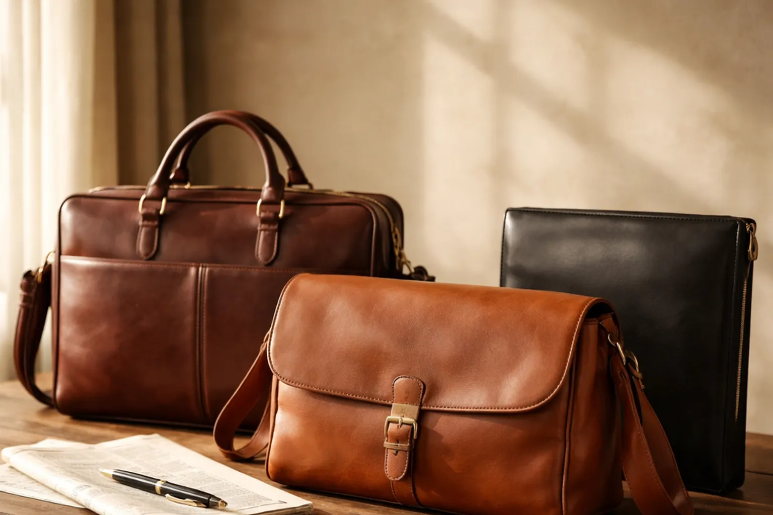Trois sacs en cuir sur une table en bois : cartable brun structuré, besace cognac à rabat et porte-documents noir fin