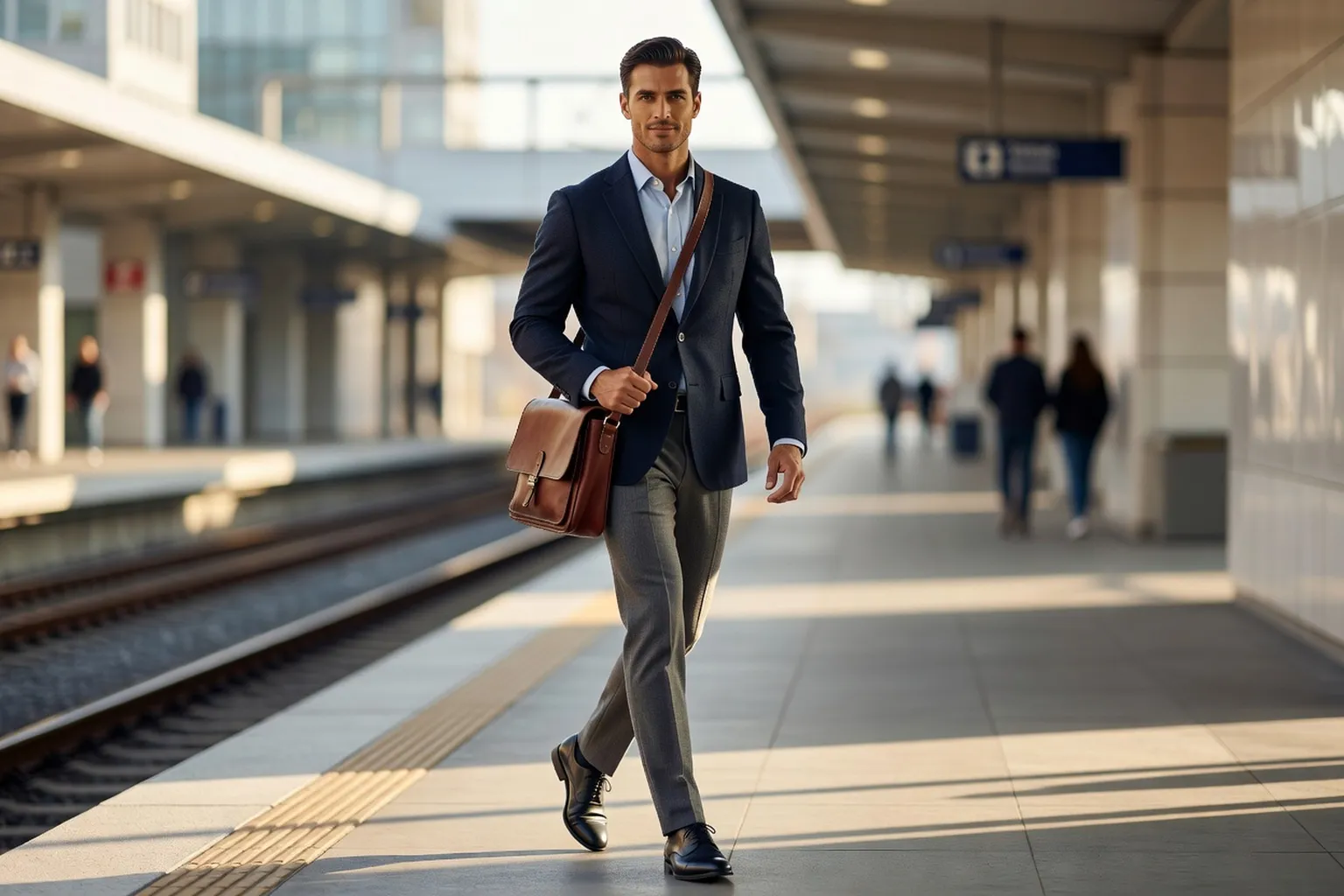 Homme mannequin en veste marine et chemise bleu clair marchant sur un quai de gare, une besace en cuir brun en bandoulière