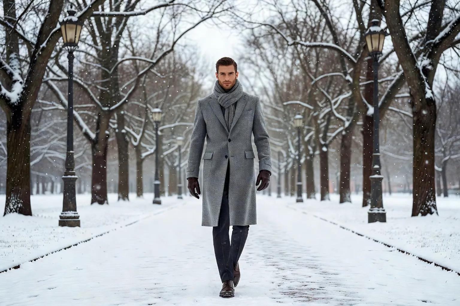Un homme en long manteau de laine gris, écharpe et gants de cuir, marchant dans une rue enneigée bordée de façades classiques