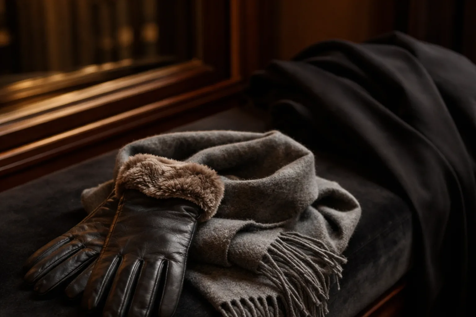 Une paire de gants de cuir fourrés et une écharpe de laine grise posées sur une banquette de velours, près d'un manteau noir