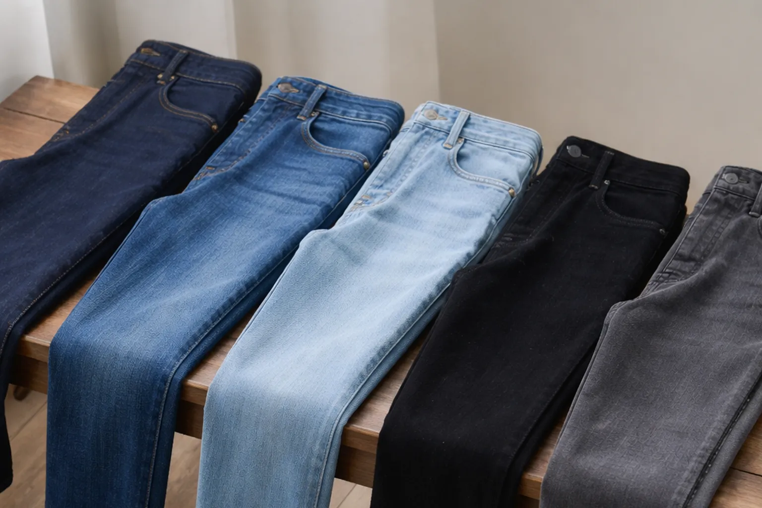 Cinq jeans pliés sur un banc en bois : brut sombre, bleu moyen, délavé clair, noir et gris