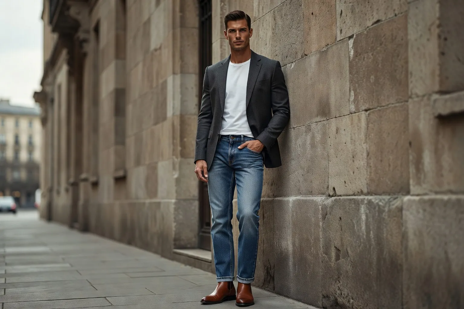 Homme mannequin en jean bleu moyen droit à léger revers, tee-shirt blanc, veste anthracite et bottines brunes, appuyé contre un mur de pierre