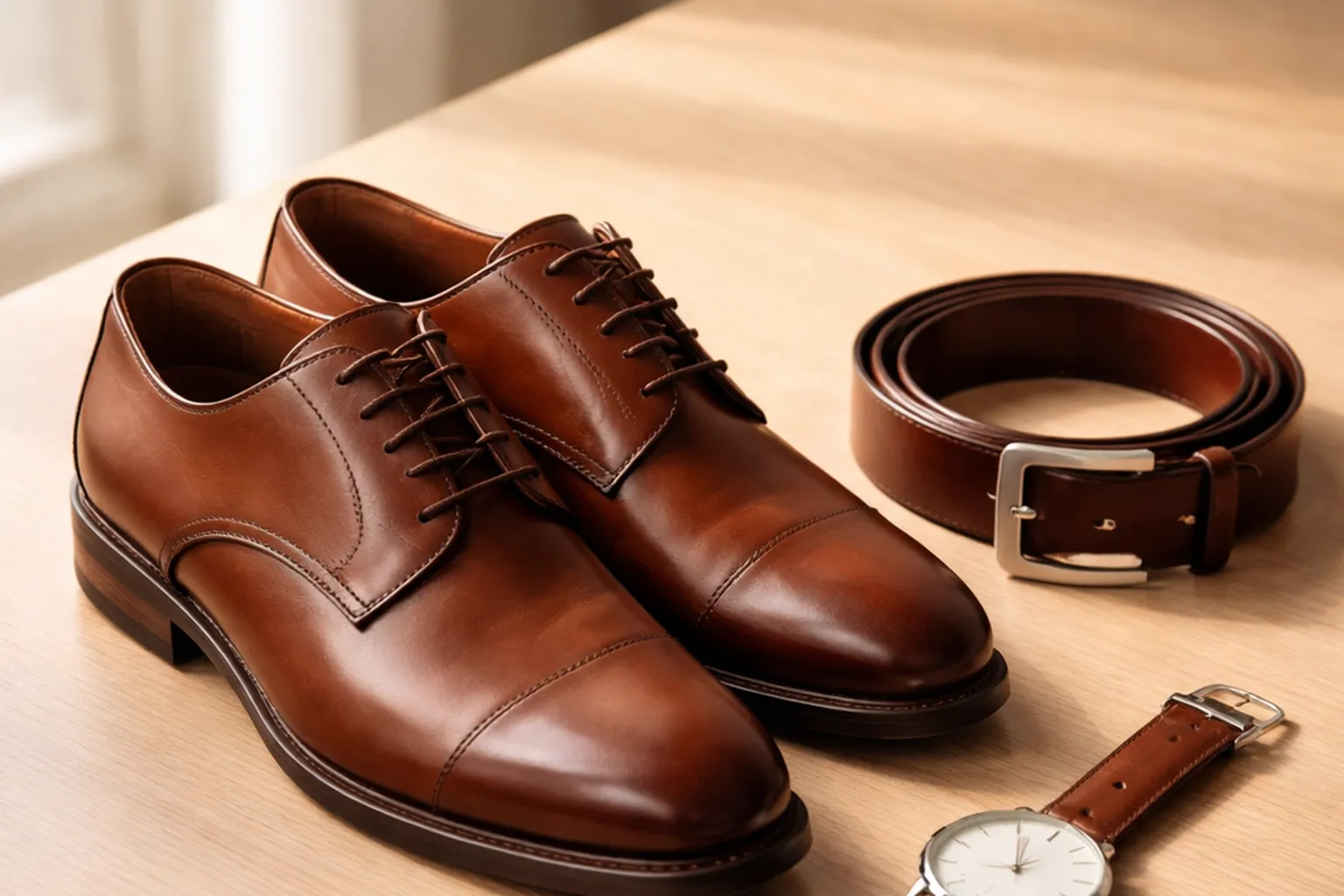 Paire de derbies en cuir brun bien cirés, ceinture assortie et montre à bracelet cuir posées sur une table en bois clair