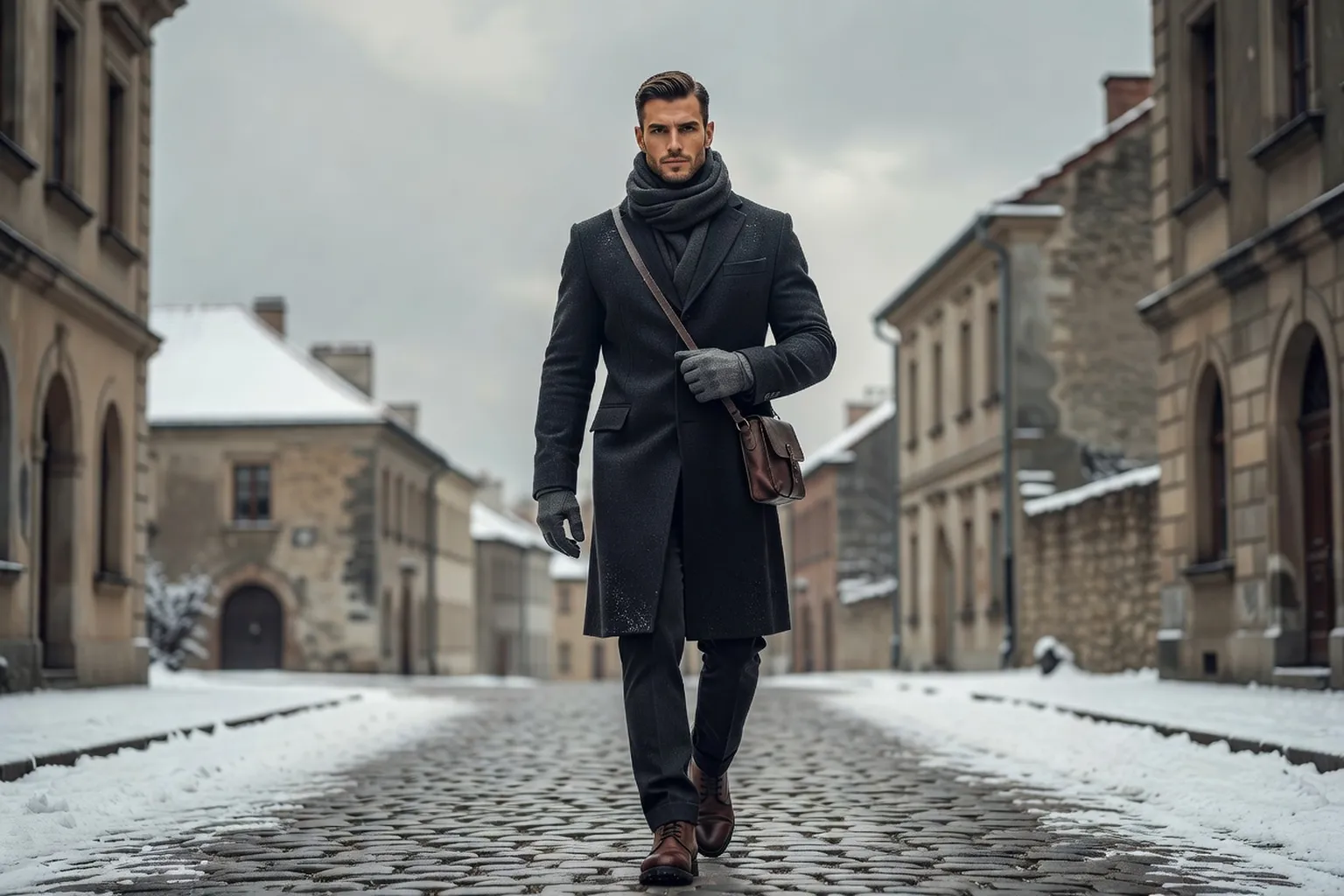 Voyageur mannequin en manteau gris anthracite, écharpe, gants et bottes en cuir sur une rue pavée enneigée d'une vieille ville polonaise