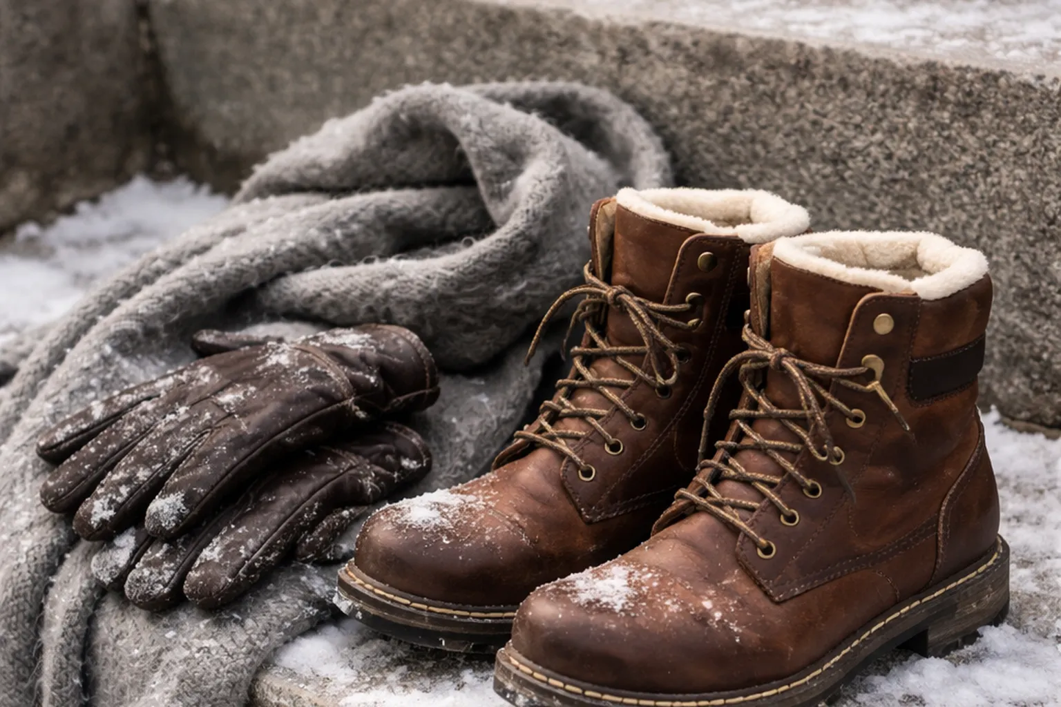 Bottes en cuir brun à semelle crantée, écharpe en laine grise et gants en cuir posés sur une marche en pierre saupoudrée de neige