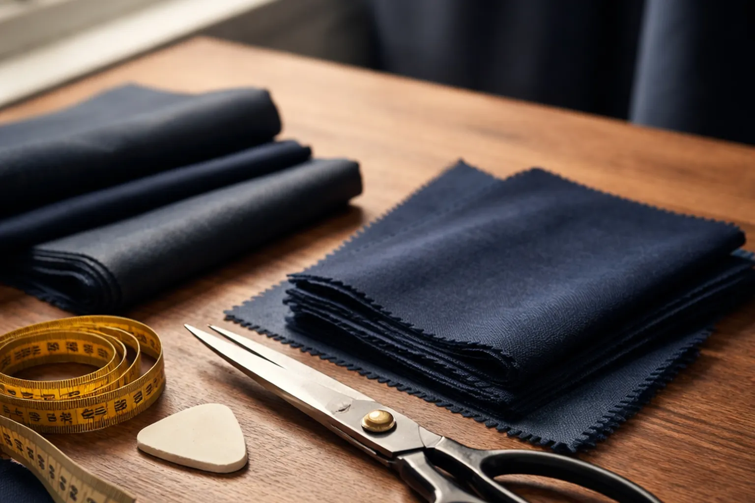 Paire de ciseaux de tailleur, craie de tailleur, mètre ruban et échantillons de laine bleu nuit posés sur une grande table d'atelier en bois, lumière de fenêtre