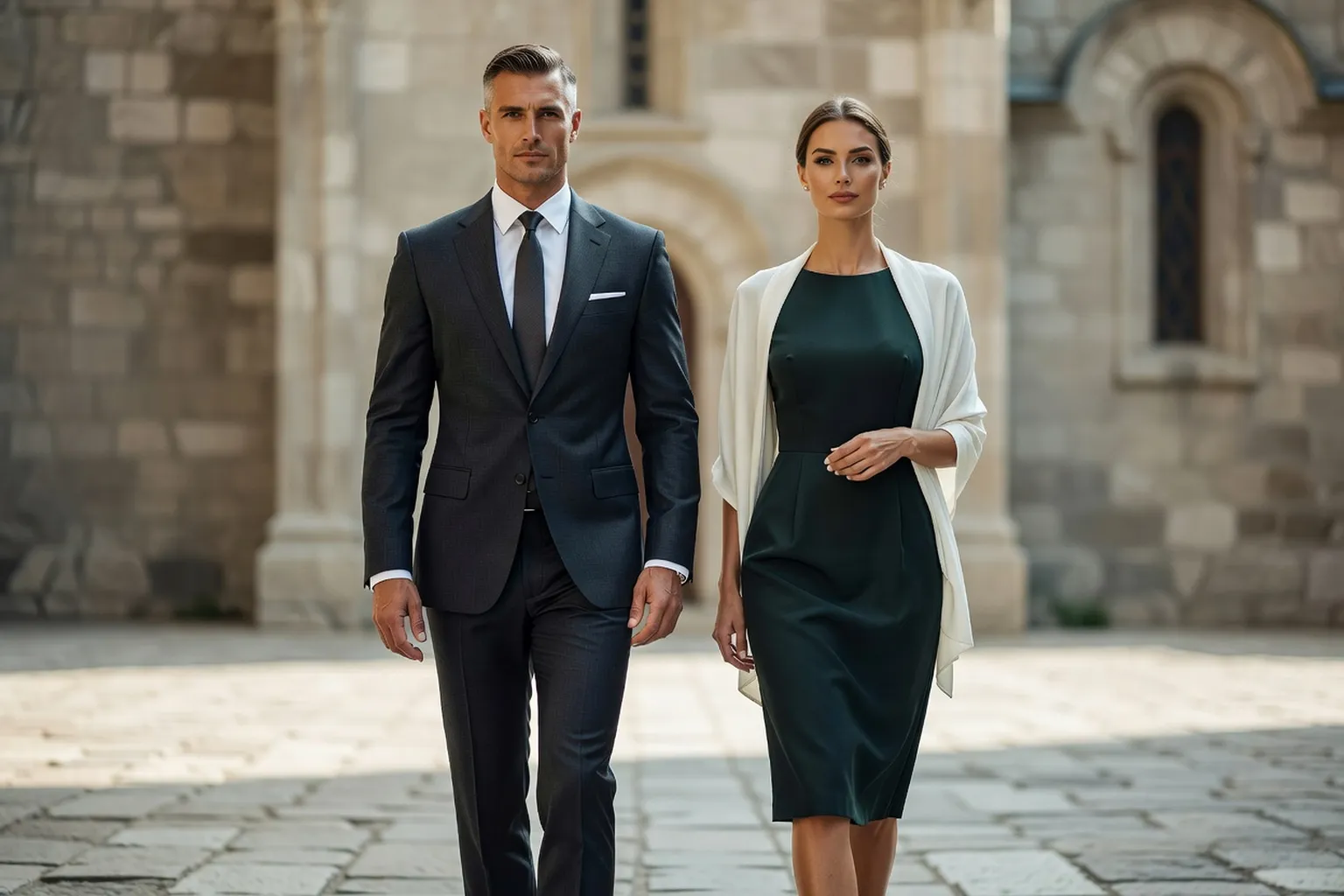Sur le parvis d'une église aux murs de pierre, un homme en costume gris anthracite, chemise blanche et cravate, tête nue, accompagné d'une femme en robe vert sombre avec un châle clair sur les épaules