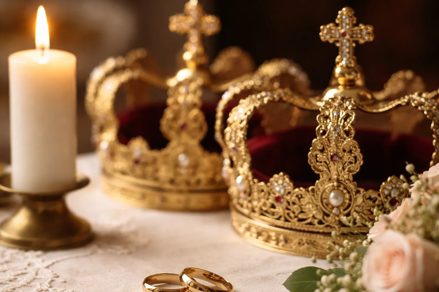 Deux couronnes de mariage dorées ornées de perles et de croix, deux alliances et une bougie blanche allumée sur une nappe de dentelle ivoire, avec un petit bouquet de roses pâles