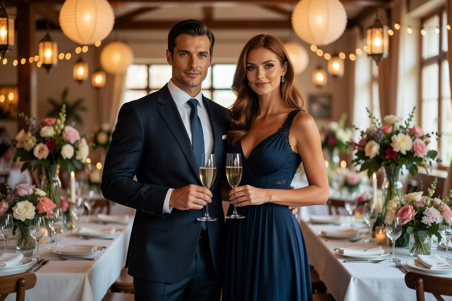 Un invité en costume marine, chemise blanche et cravate bleue, un verre à la main, à côté d'une femme en longue robe bleu nuit dans une salle de réception ornée de fleurs et de lanternes