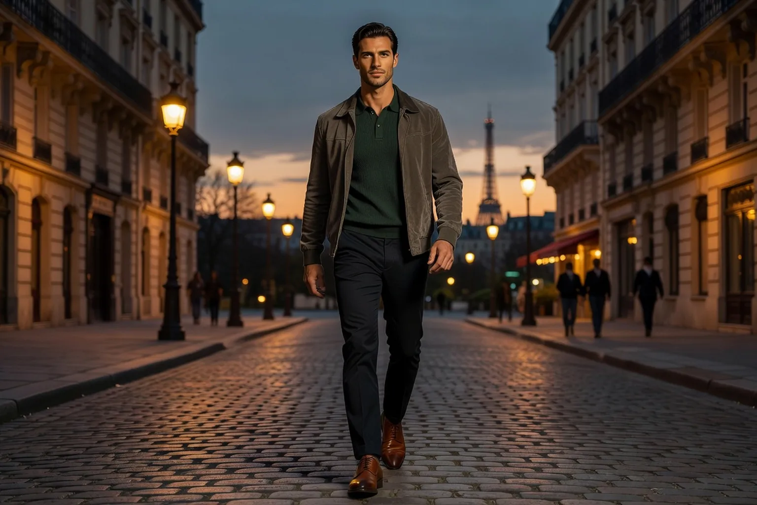 Un homme en polo vert foncé, veste en suède gris-brun, chino sombre et derbies marron marche dans une rue pavée de Paris au crépuscule