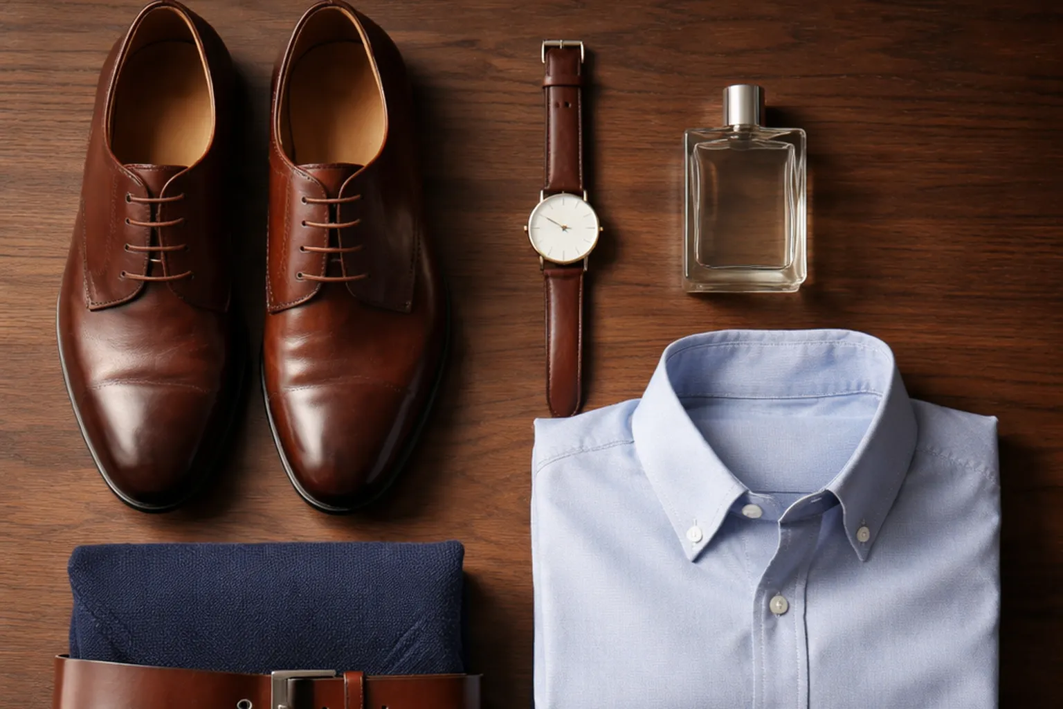 Nature morte masculine sur une table en noyer : derbies en cuir marron, montre à bracelet de cuir, flacon de parfum sans étiquette, chemise bleu clair pliée, pull marine et ceinture