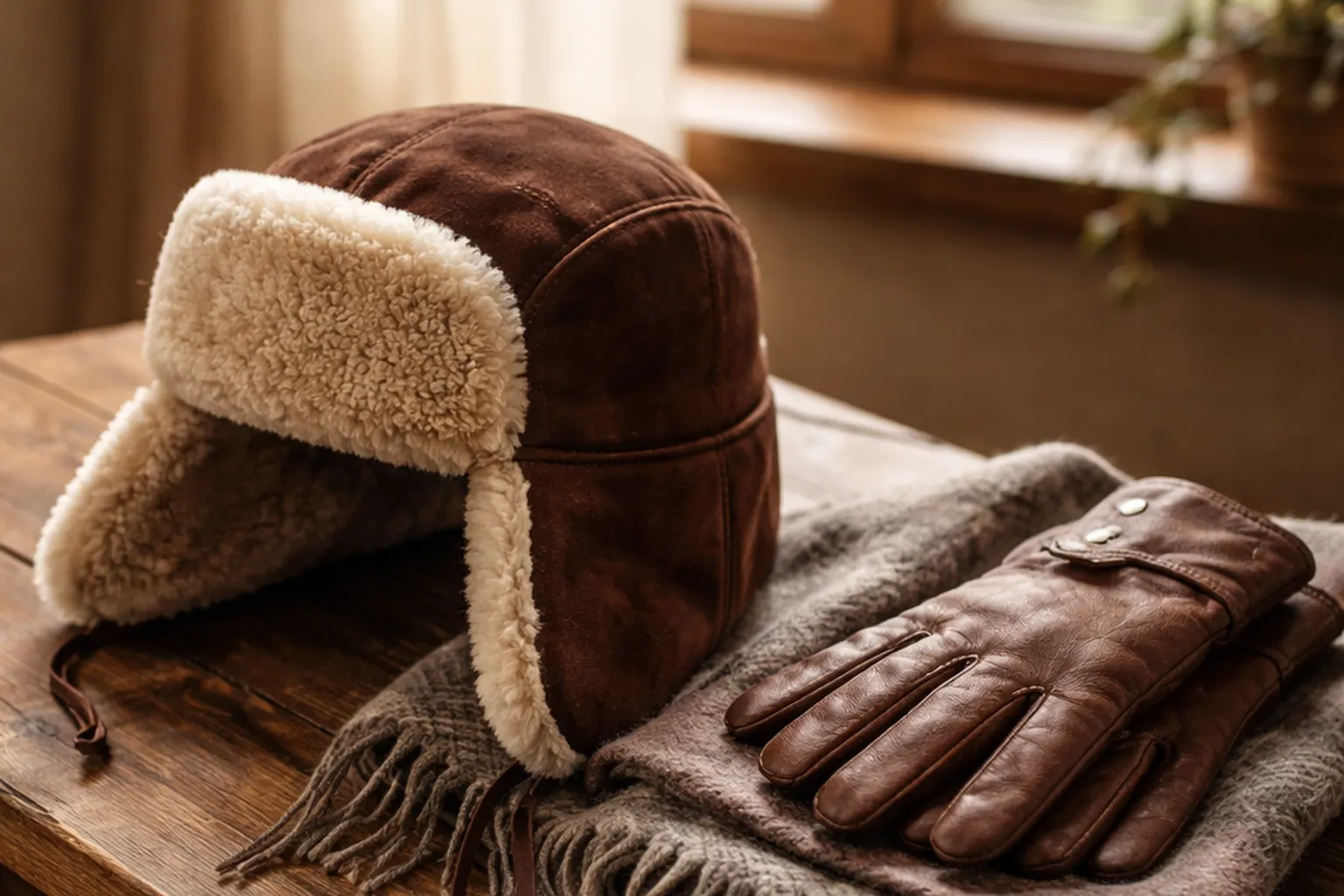 Une ouchanka en peau lainée brune posée sur une table en bois, à côté d'une paire de gants en cuir et d'une écharpe de laine
