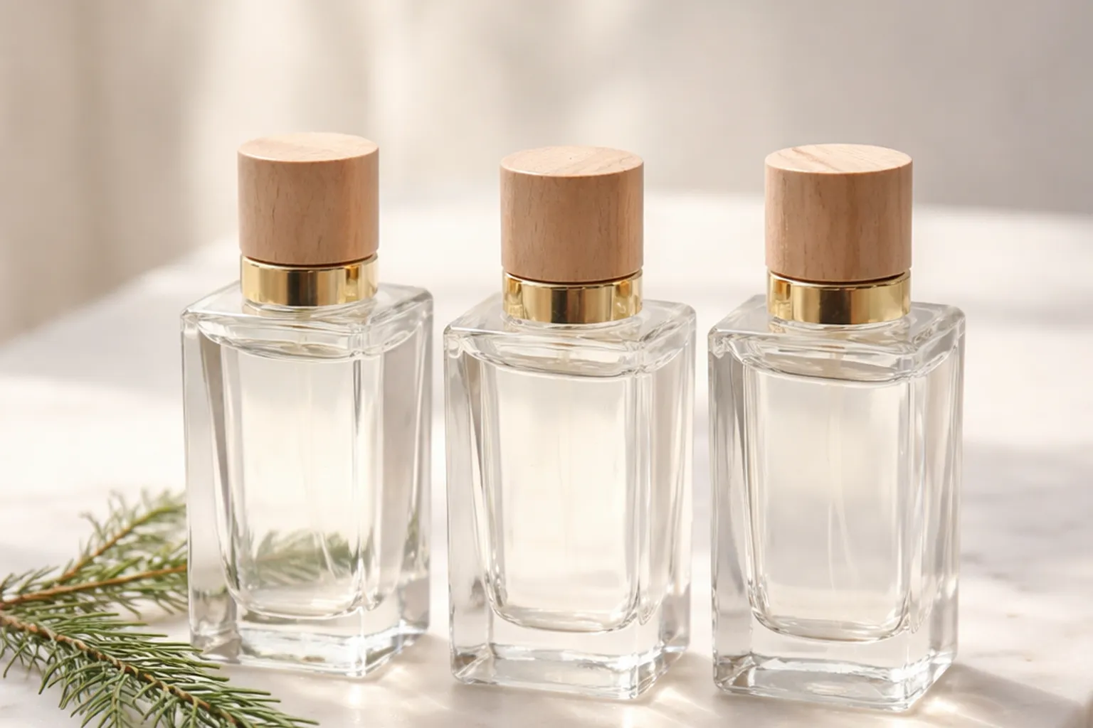 Trois flacons de parfum en verre sans étiquette lisible, bouchon en bois et bague dorée, posés sur un plateau en marbre avec une branche de cèdre et un zeste d'orange séché