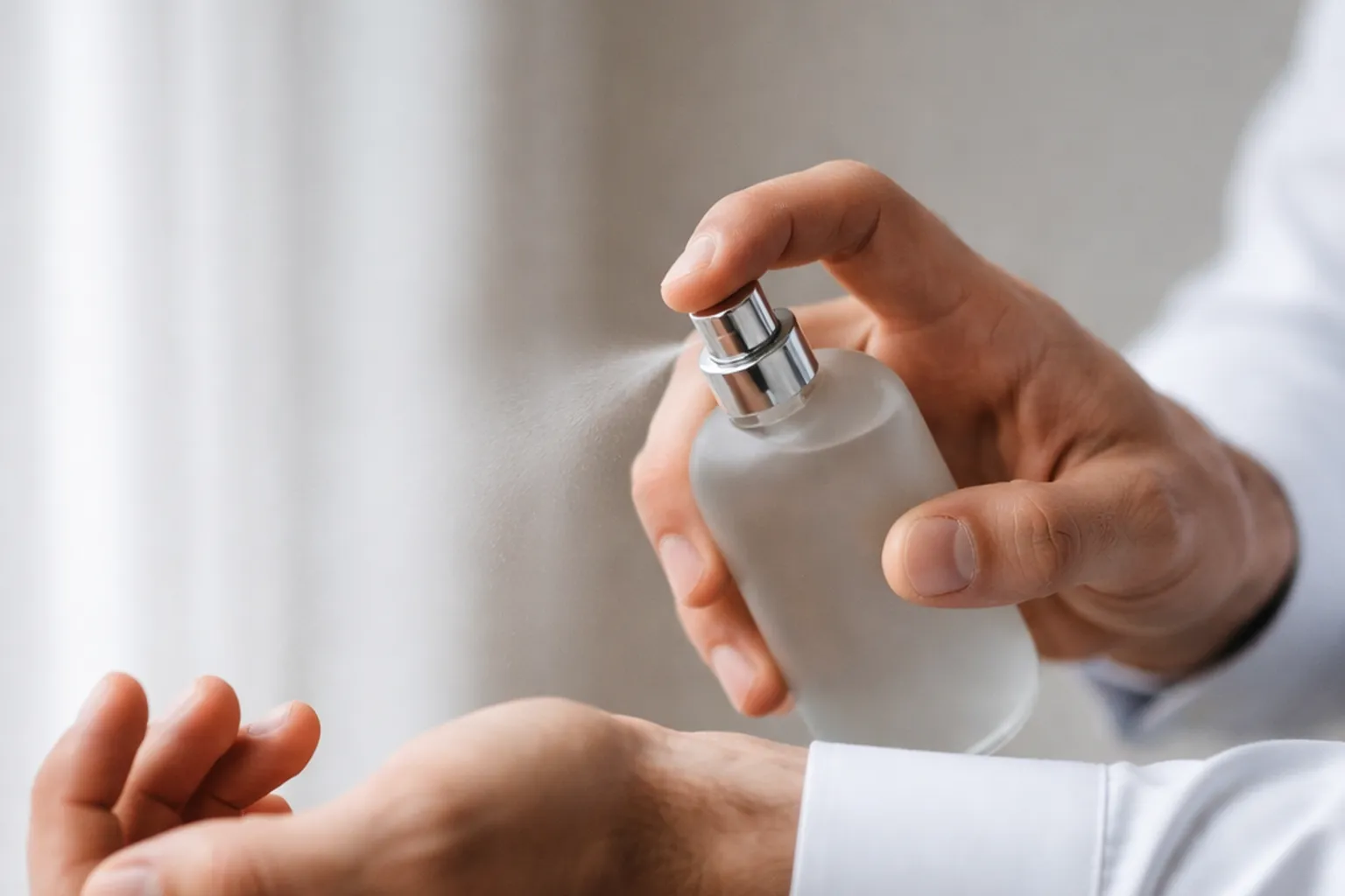 Gros plan sur l'avant-bras d'un homme en chemise blanche vaporisant un parfum sur l'intérieur du poignet avec un flacon givré sans étiquette