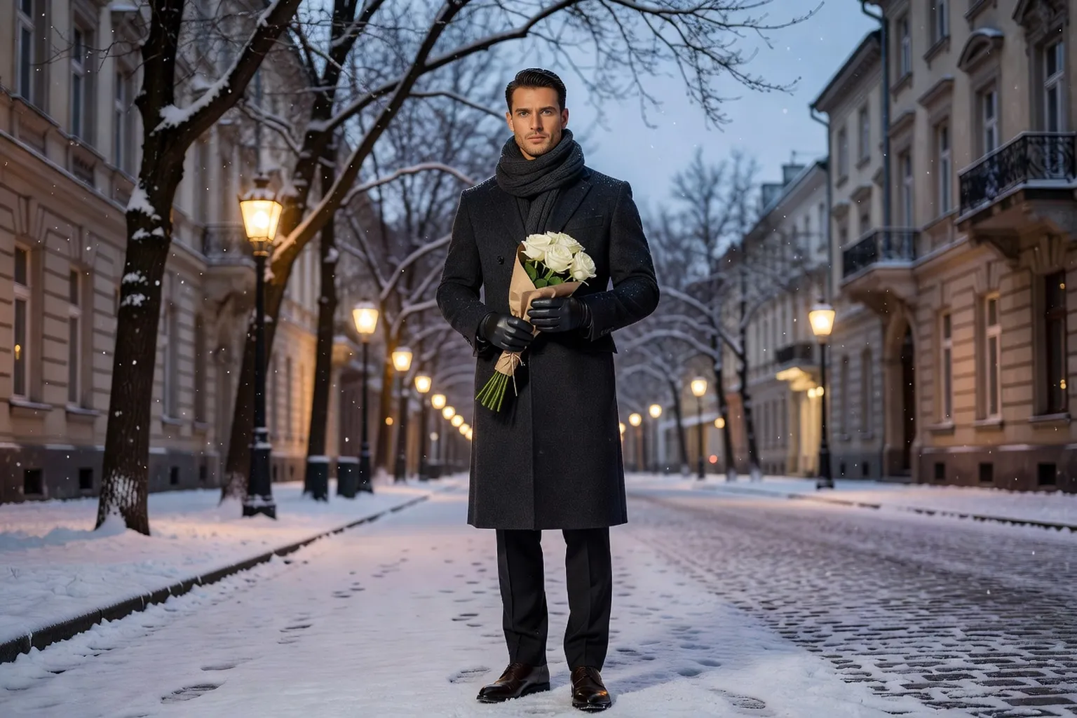 Un homme en long manteau de laine anthracite, écharpe sombre et gants de cuir, tenant un petit bouquet de roses blanches sur un trottoir enneigé au crépuscule