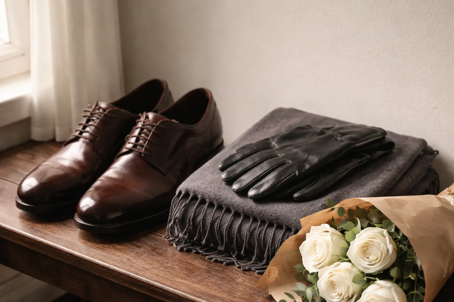 Sur un banc en bois sombre, une paire de derbies en cuir brun cirées, une écharpe de laine pliée, des gants noirs et un petit bouquet de roses blanches en papier kraft
