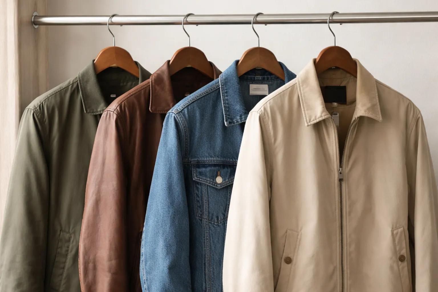 Quatre blousons sur cintres en bois : bomber vert olive, blouson de cuir brun, veste en jean bleue et harrington beige
