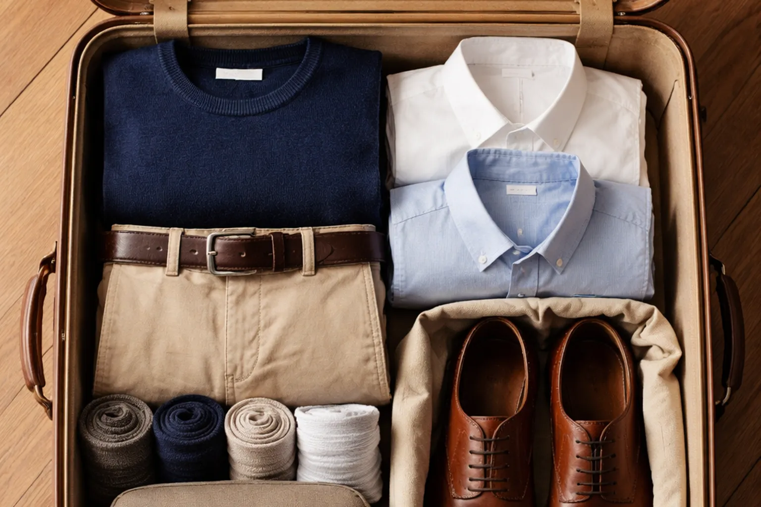 Valise en cuir ouverte vue de dessus, avec pull marine, chino, chemises pliées, chaussettes roulées et trousse de toilette bien rangés