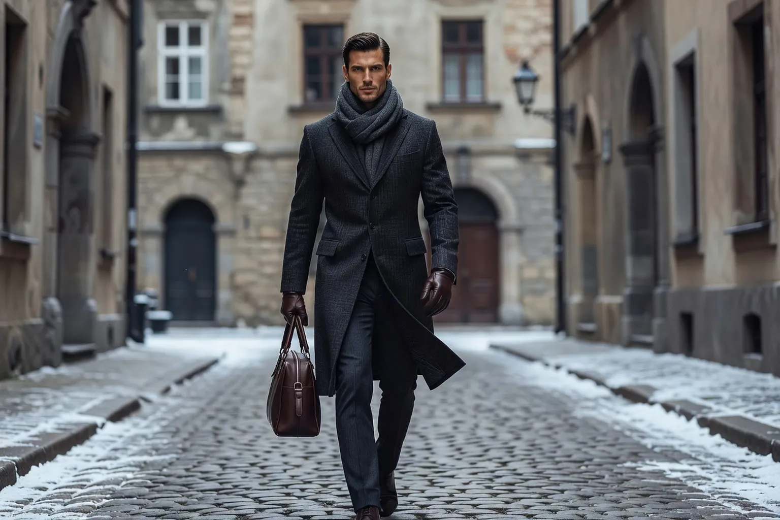 Homme mannequin en long manteau gris anthracite et écharpe dans une rue pavée d'une vieille ville d'Europe centrale en hiver, un sac de week-end en cuir brun et des gants à la main