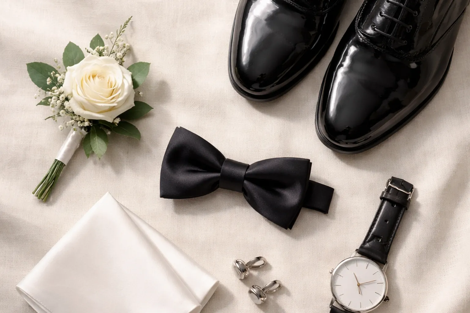 Accessoires de marié posés sur un linge clair : boutonnière de rose blanche, nœud papillon noir en soie, richelieus noirs vernis, boutons de manchette en argent, pochette blanche et montre à bracelet de cuir noir