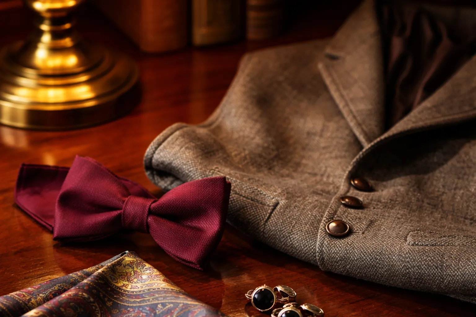Pochette en soie pliée, paire de boutons de manchette, nœud papillon bordeaux et gilet de costume en tweed posés sur un bureau en acajou, nature morte élégante