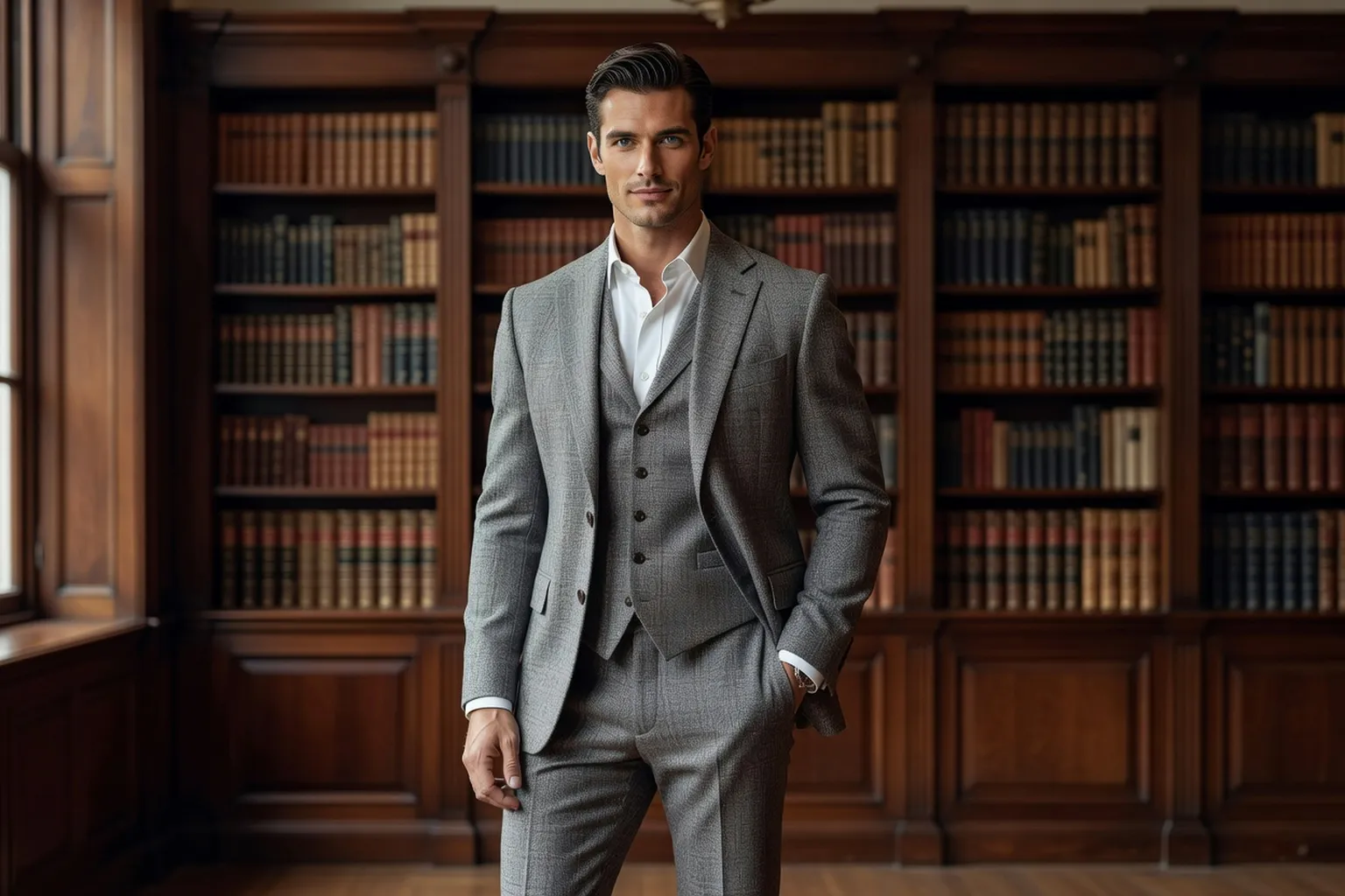 Homme mannequin en costume trois pièces en tweed gris et chemise blanche, une main dans la poche du pantalon, debout devant une bibliothèque boisée d'un salon classique