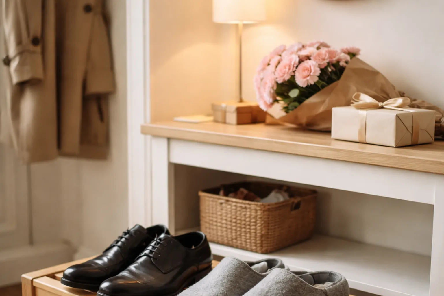 Dans un couloir d'appartement, des chaussures de ville noires cirées posées sur un banc, des pantoufles de feutre grises à côté, un bouquet d'œillets roses et un petit coffret cadeau sur une console